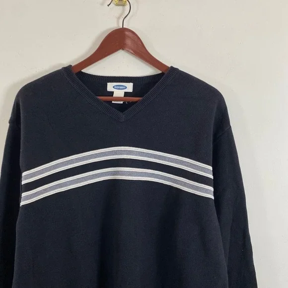 Old Navy Knit V-Neck Black Sweater White Gray Stripes Men's XL Cotton Grunge - Picture 4 of 6